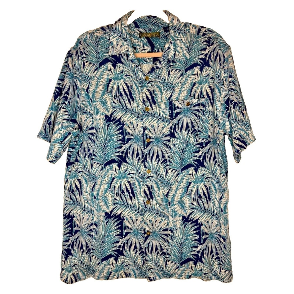 Campia Mens Large Blue Hawaiian Aloha Tropical Palm Leaf Rayon Button Down Shirt